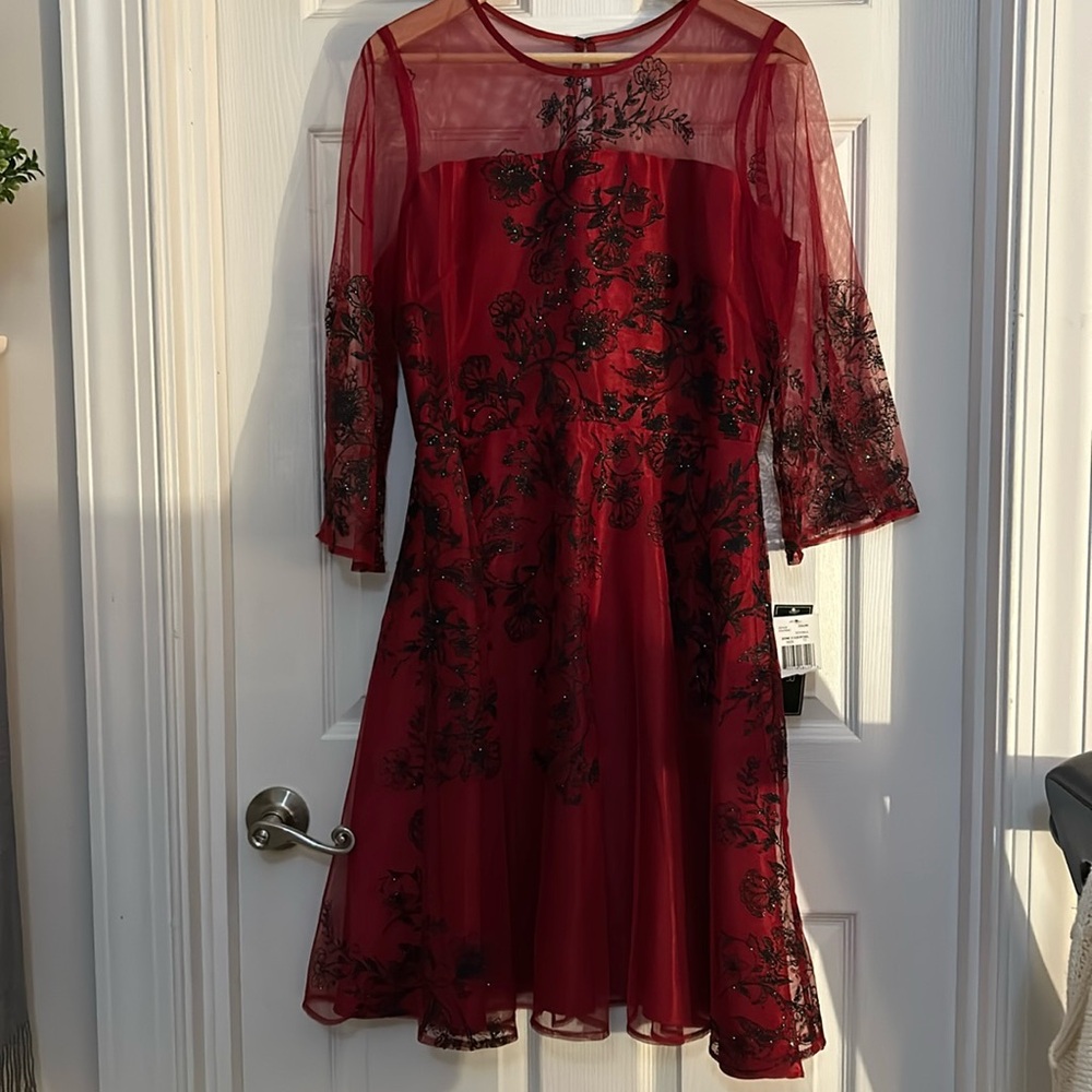 Red Embroidered Sheer Yoke Midi Dress - Women